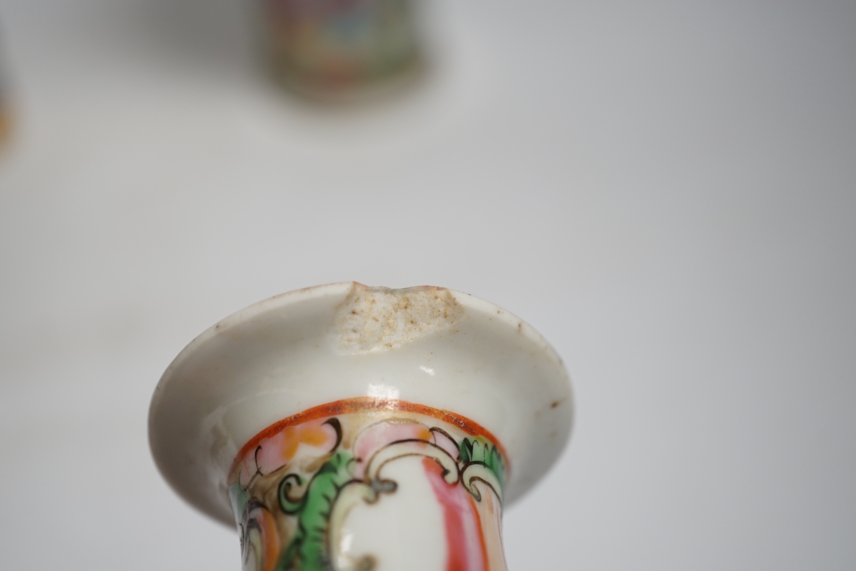 Four Chinese famille rose vases, a dragon cup and miniature blue and white vase (6), tallest 25.5cm high
